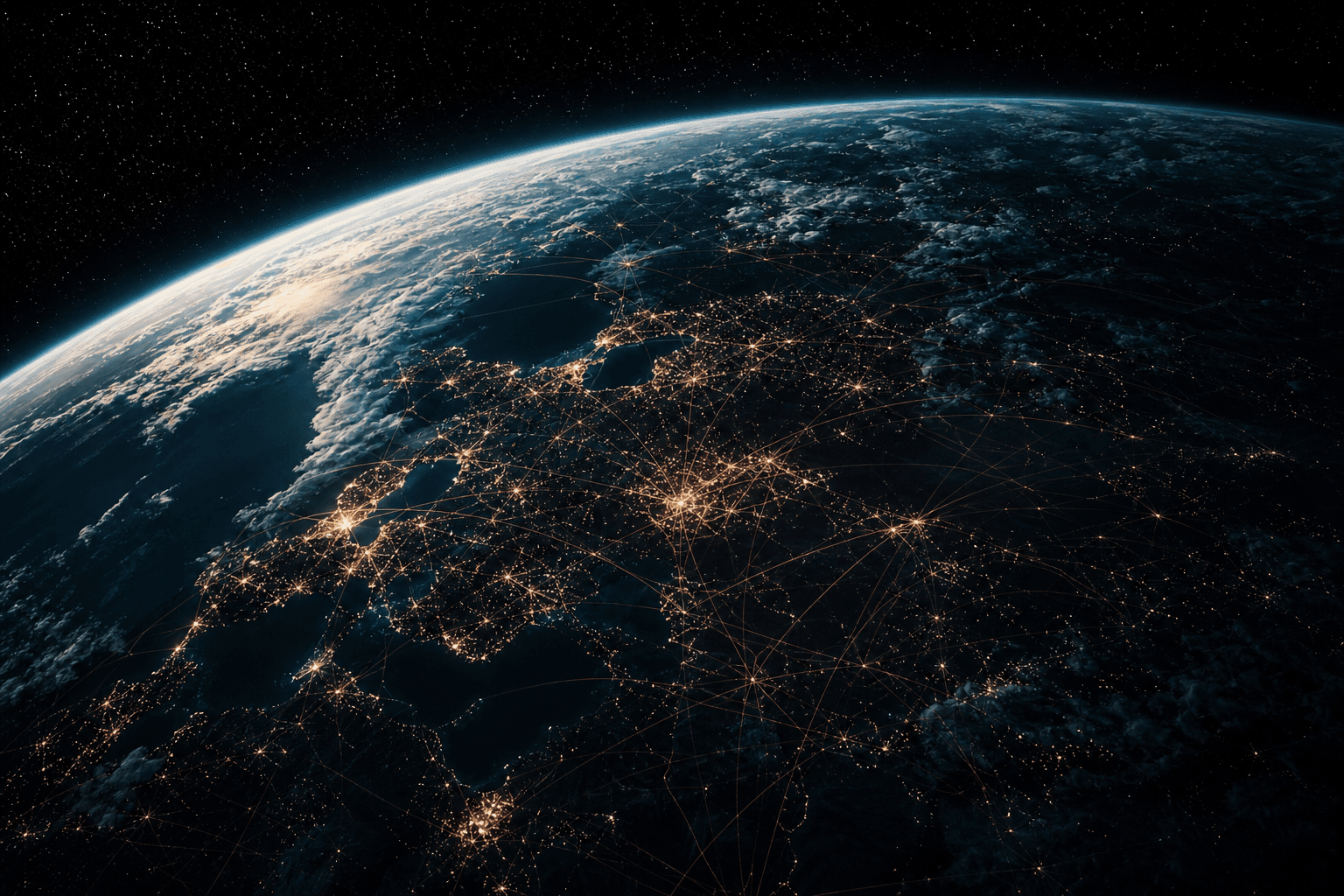 Earth from orbit at the terminator with city lights on the night side