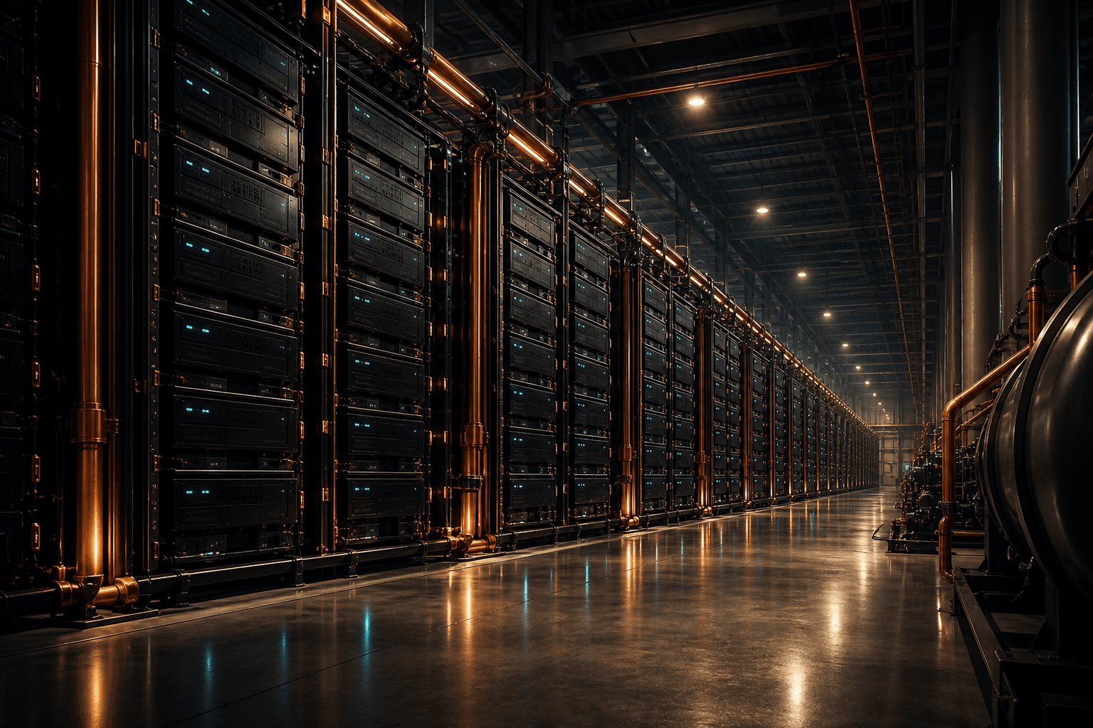 Interior of a vast battery hall with copper edge lighting and cyan status LEDs