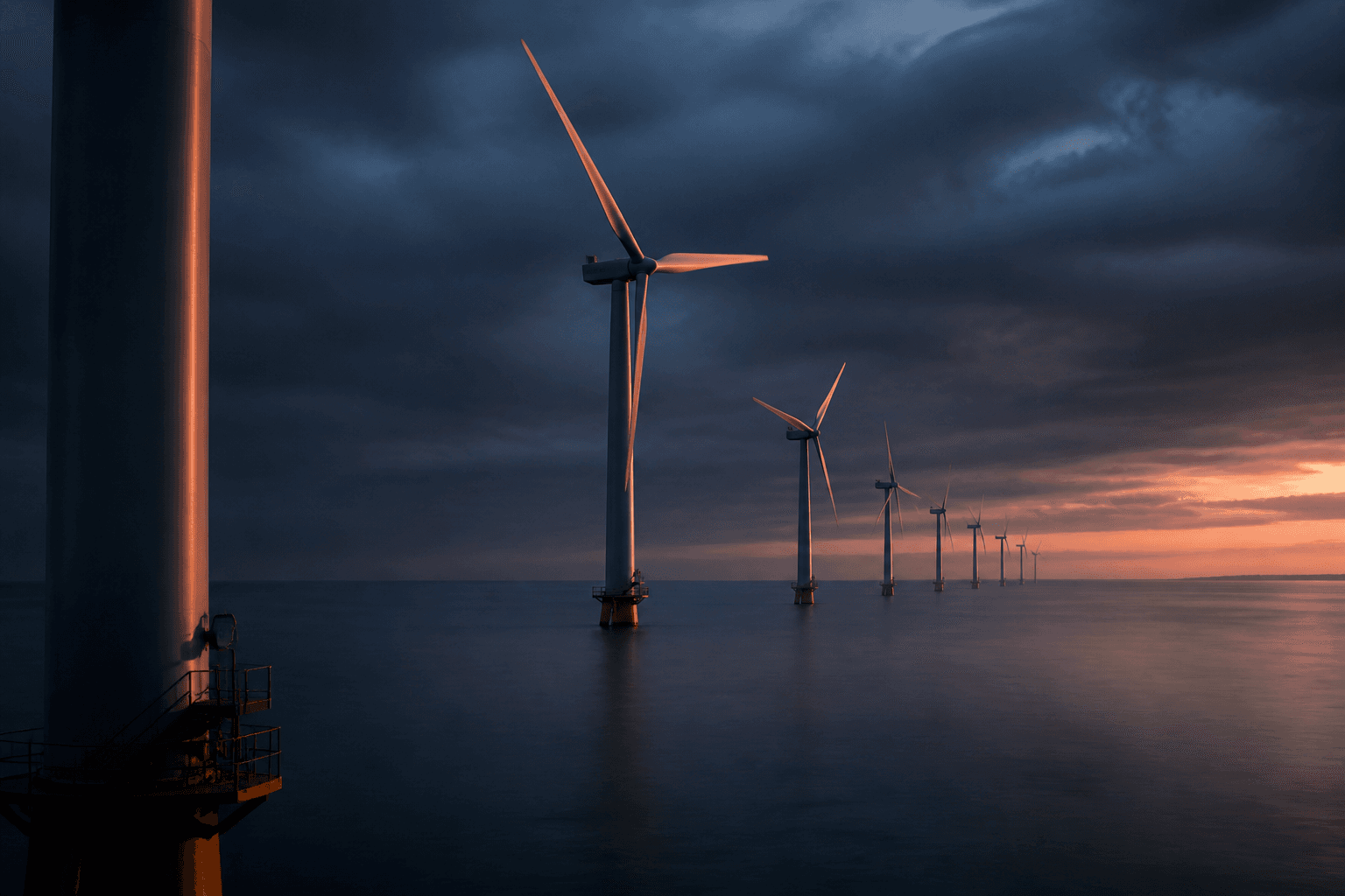 Offshore wind turbines at blue hour over dark water