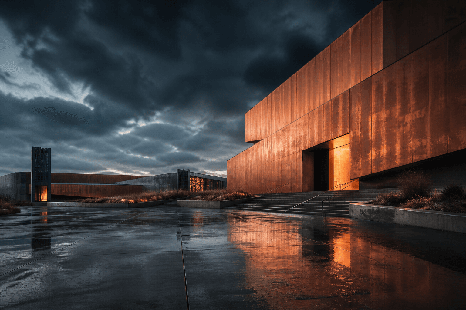A dusk view of a copper-clad energy research campus under a storm sky