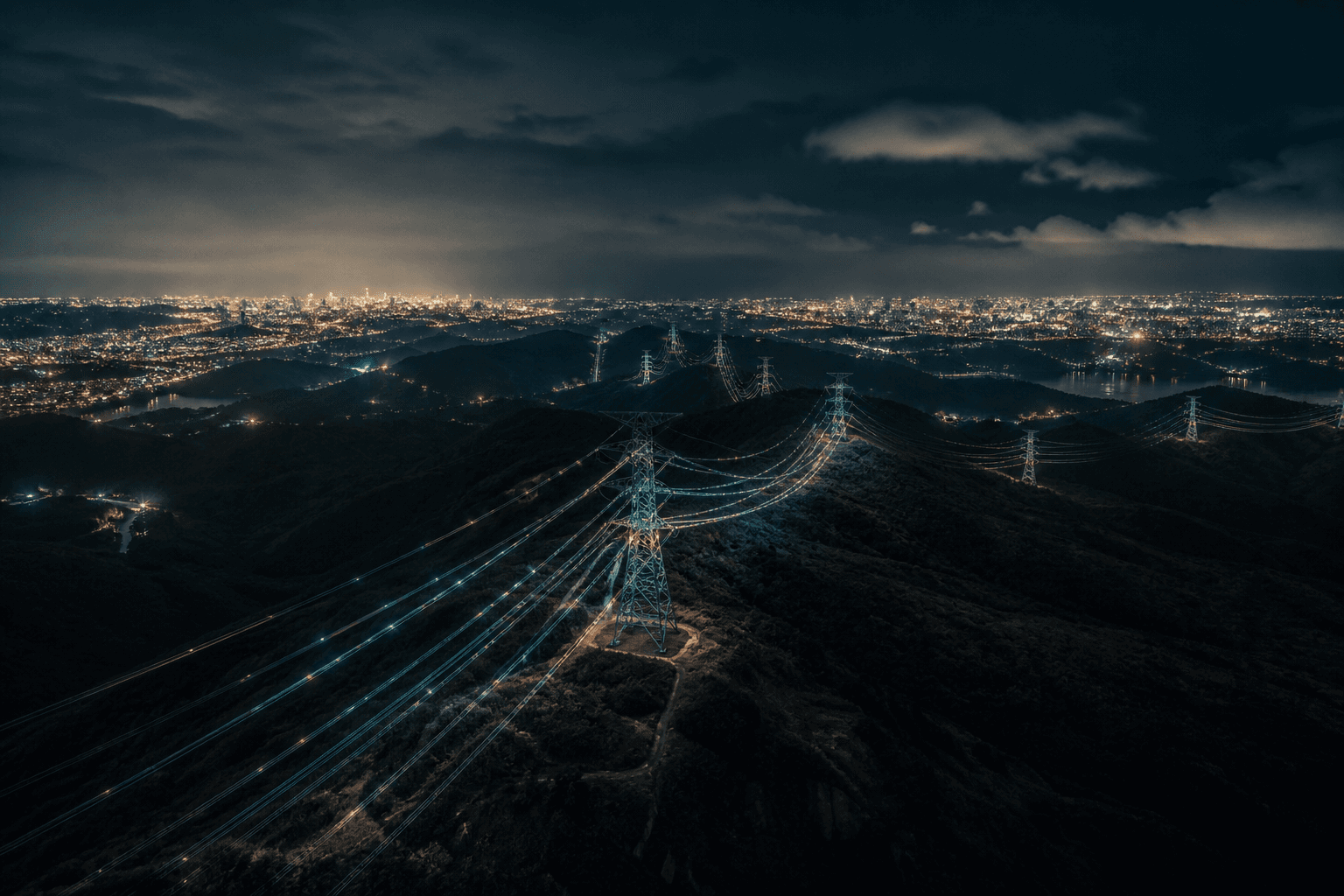 Night aerial of a high-voltage transmission corridor glowing across dark hills