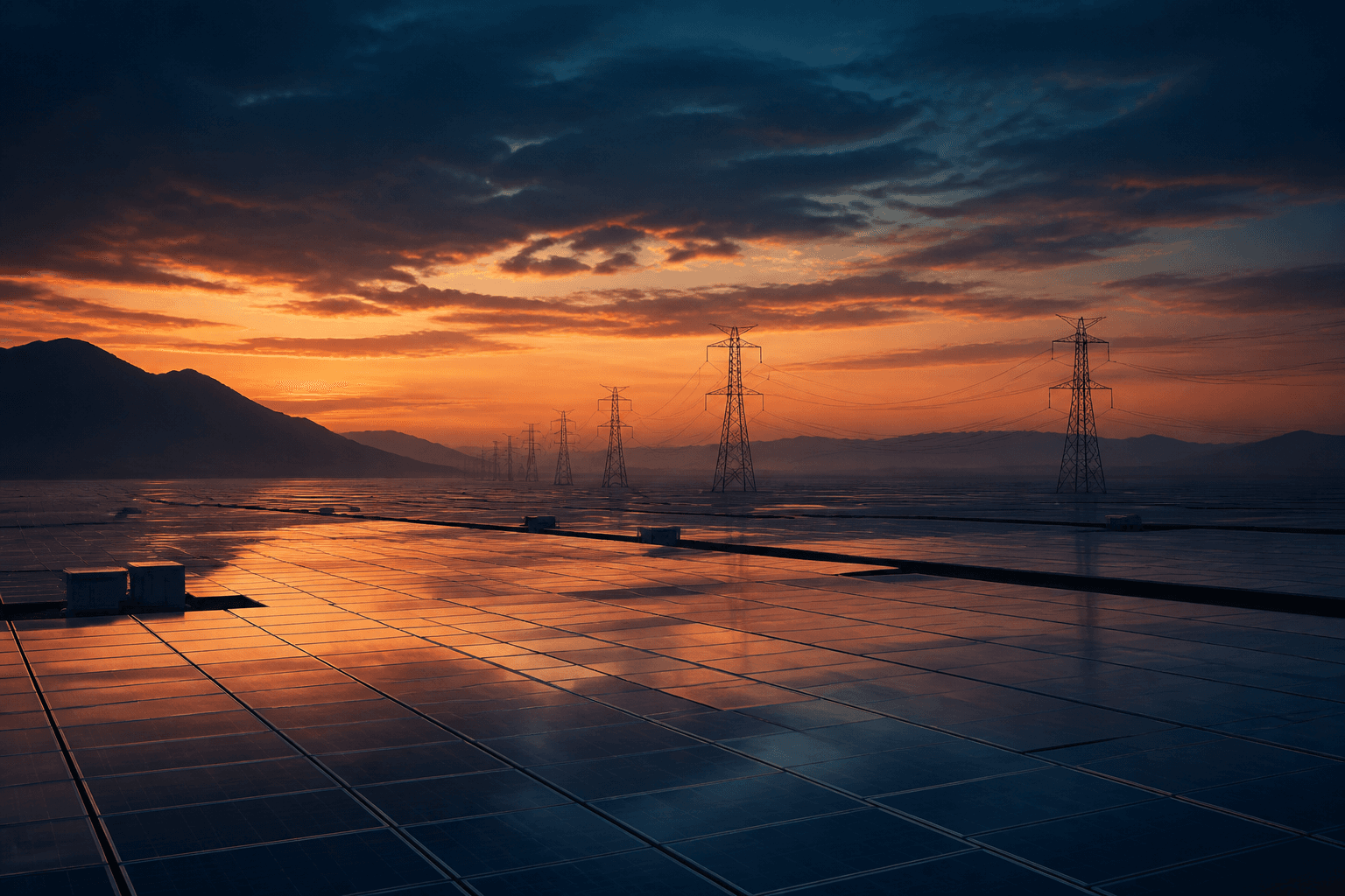 Pre-dawn photovoltaic plains reflecting a copper sky, with distant transmission towers on the horizon