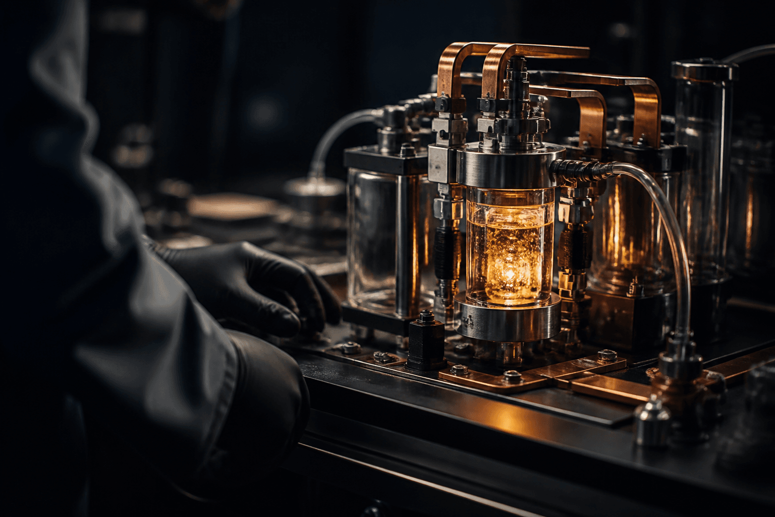 A precision energy-research bench with copper busbars and a glowing amber sample
